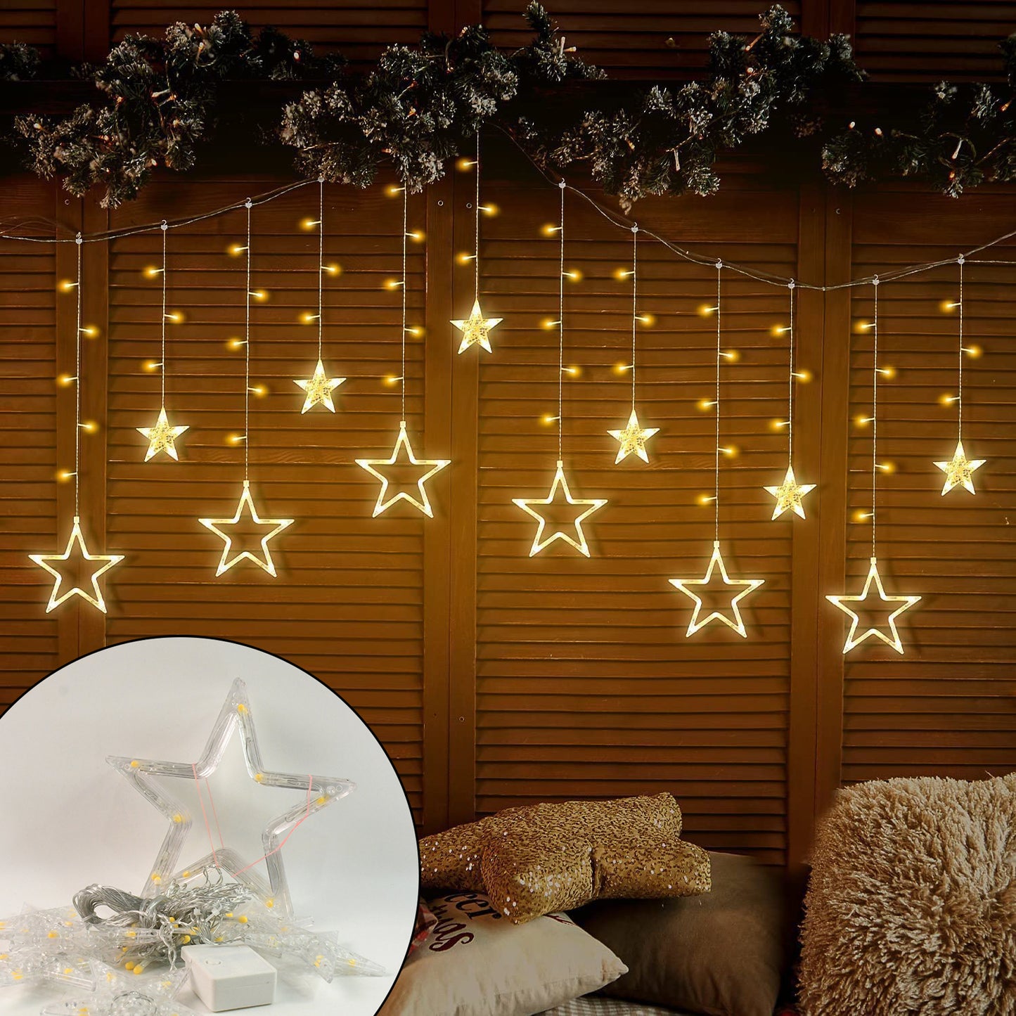 Stars Led Curtain String Lights With 8 Flashing Modes For Home Decoration Diwali Wedding Led Christmas Light Indoor And Outdoor Light Festival Decoration (Warm White)
