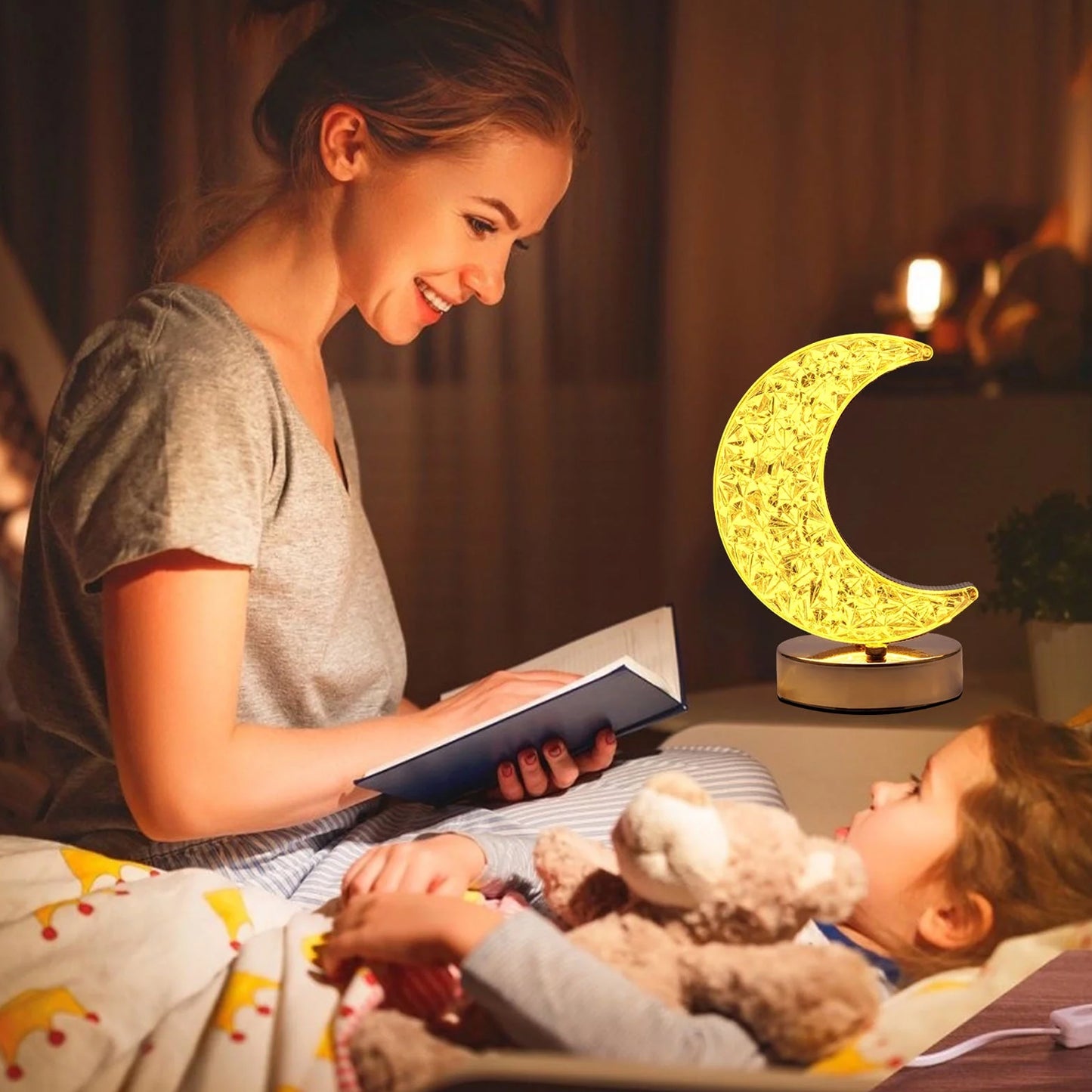 Crystal Table Lamp Moon Shape Touch Control Lamp With 3 Color Metal Bedside Lamp For Kids Bedroom Romantic Desktop Nightstand Stepless Dimming Usb Charging Touch Night Light