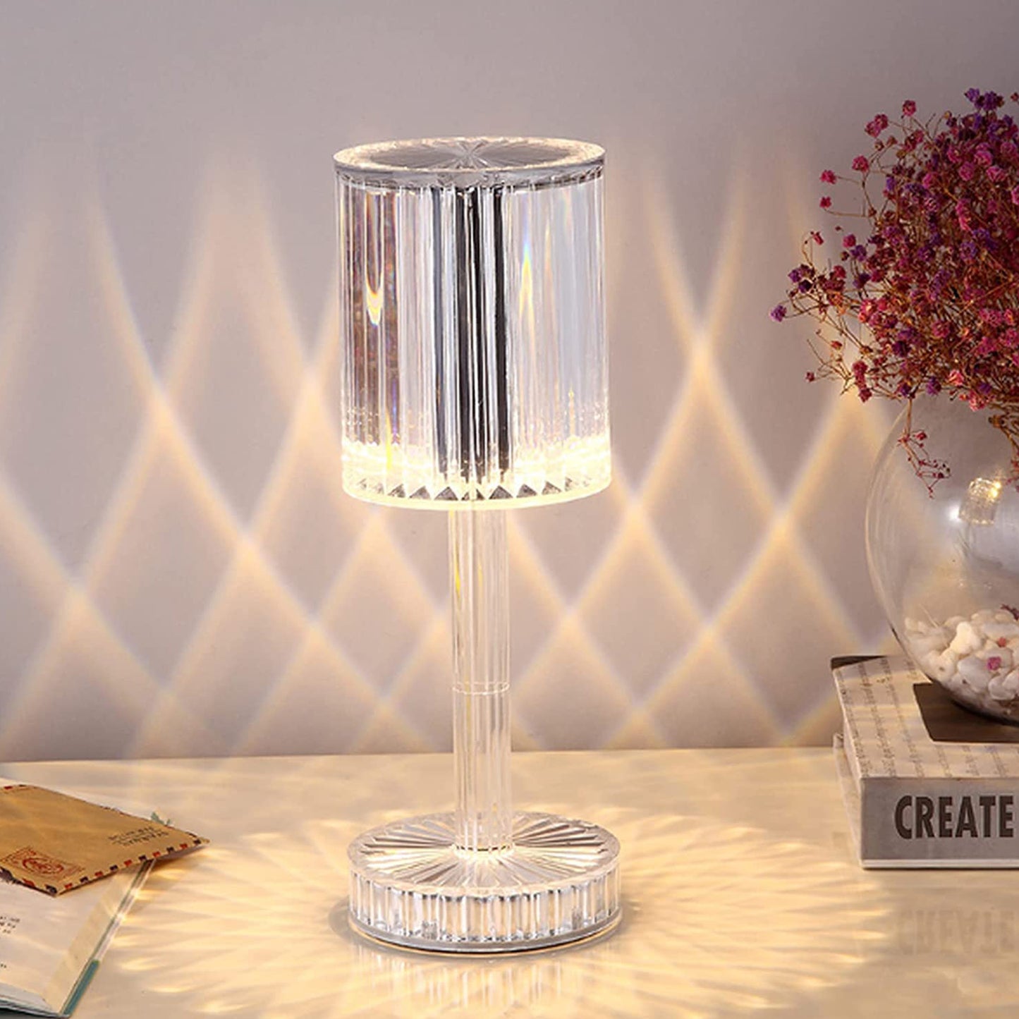 Crystal Table Lamp Touch Control Atmosphere Nightstand Lamp With Usb Charging Line