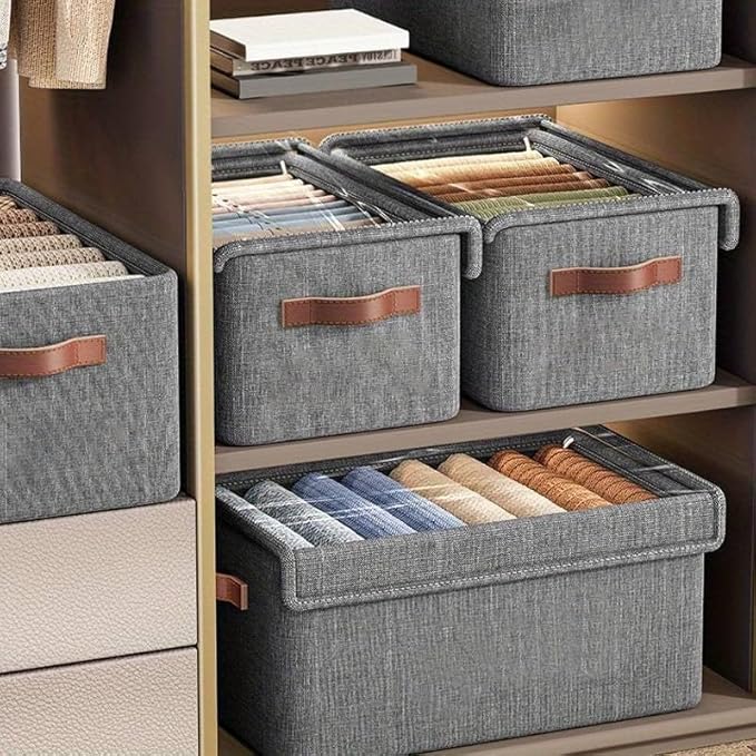 Wardrobe Organizer Storage Box with Lid, Foldable Fabric Linen Storage Box, Closet Organizer Basket