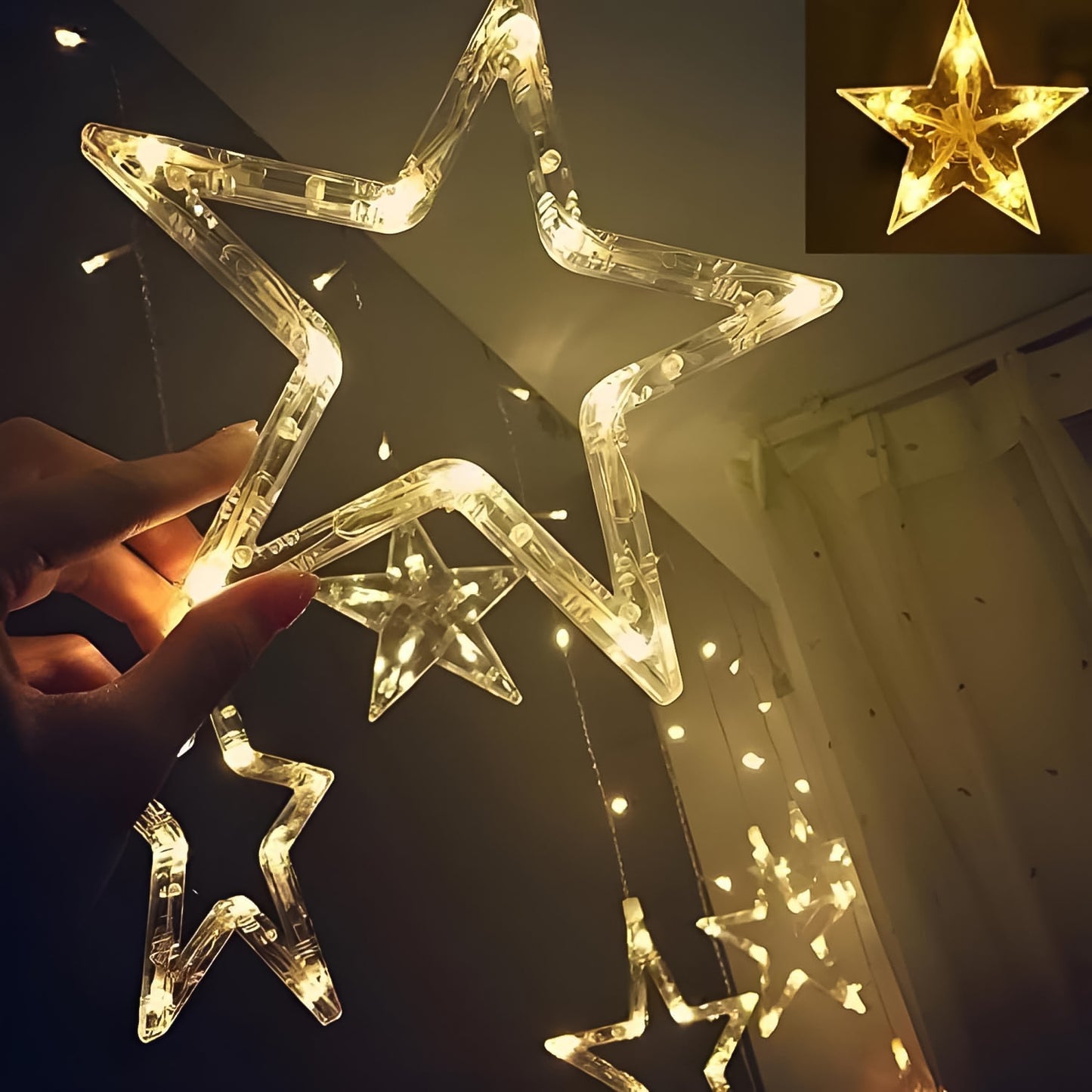 Stars Led Curtain String Lights With 8 Flashing Modes For Home Decoration Diwali  Wedding Led Christmas Light Indoor And Outdoor Light Festival Decoration  (Warm White)