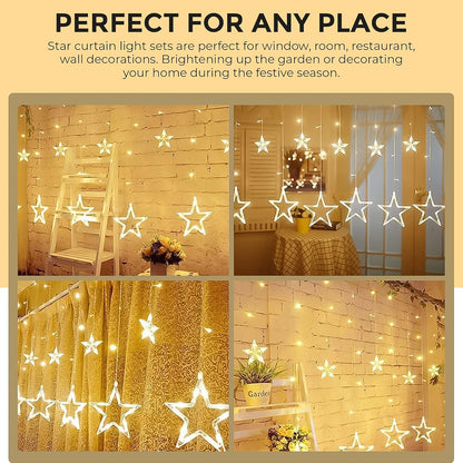 Stars Led Curtain String Lights With 8 Flashing Modes For Home Decoration Diwali  Wedding Led Christmas Light Indoor And Outdoor Light Festival Decoration  (Warm White)