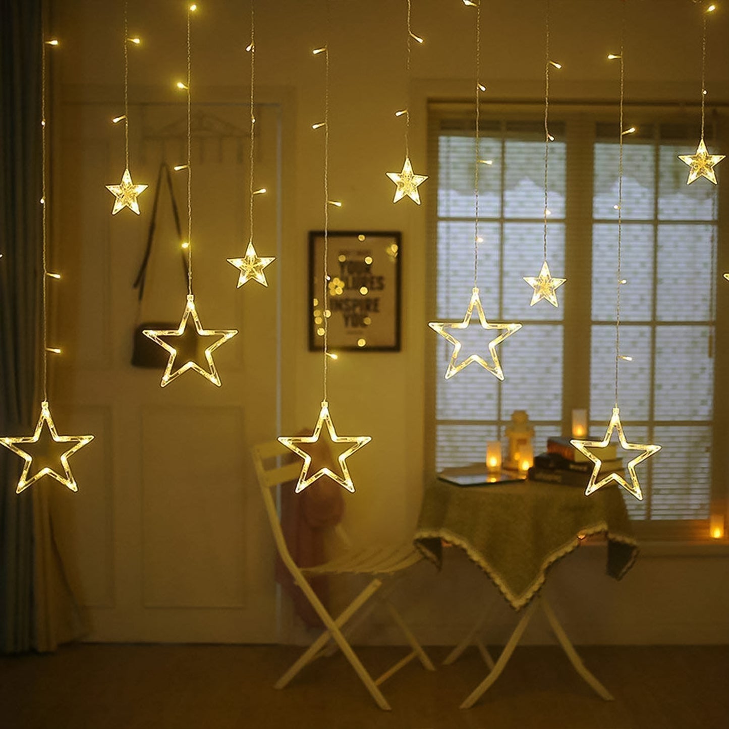 Stars Led Curtain String Lights With 8 Flashing Modes For Home Decoration Diwali  Wedding Led Christmas Light Indoor And Outdoor Light Festival Decoration  (Warm White)